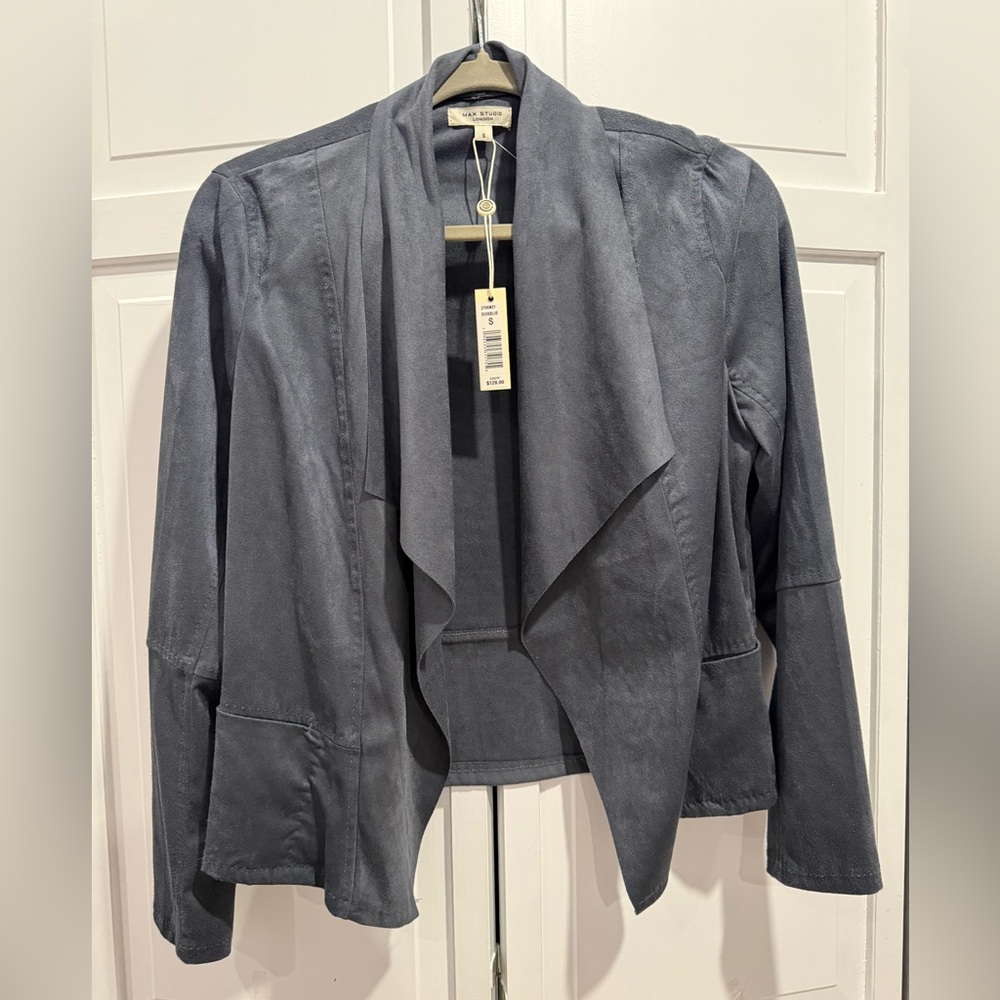 Max Studio Suede Drape-Front Jacket – Dusk Blue – Size Small (NWT)